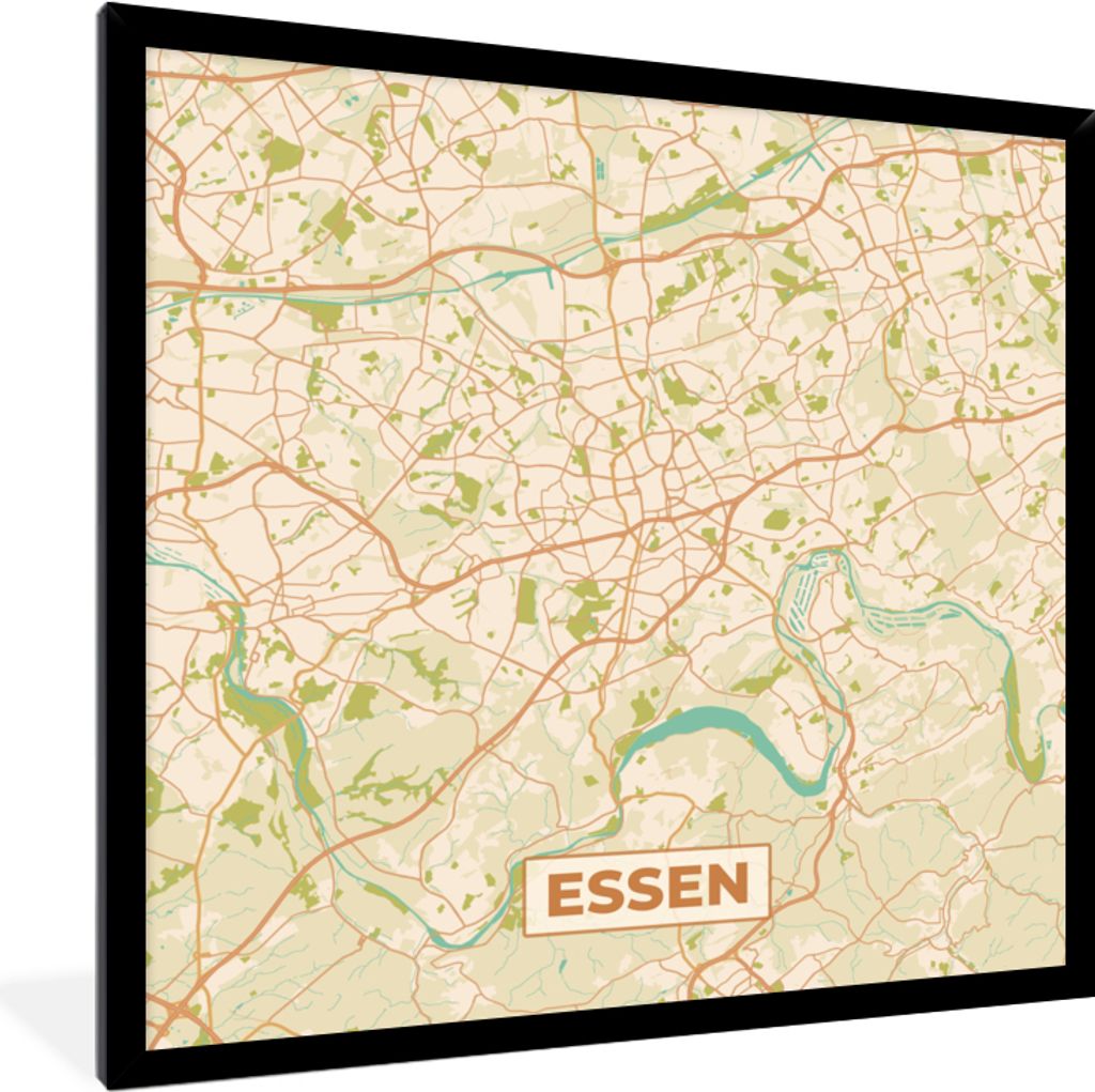 MuchoWow Gerahmtes Poster Essen - Jahrgang - Stadtplan - Karte 40x40 cm - Poster mit Schwarzem Bilderrahmen Wandposter Rahmen Foto Bilder - Mit R...