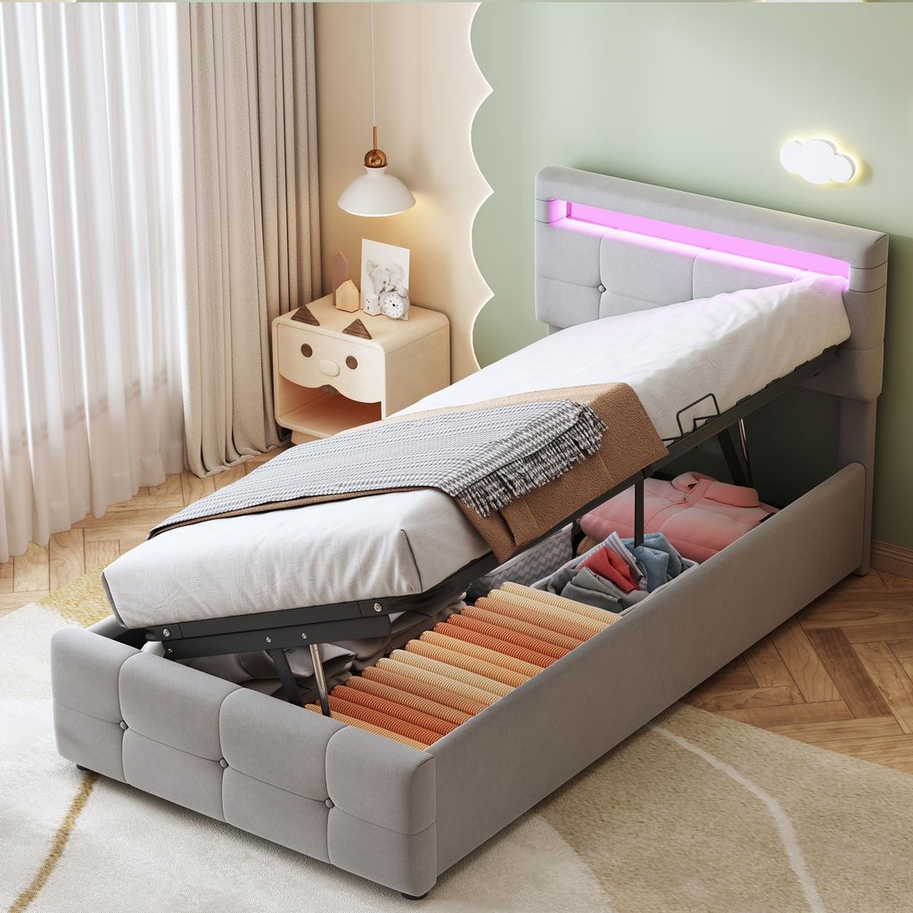 Lit tapissier de 90x200 cm avec éclairage LED, espace de Image du produit 