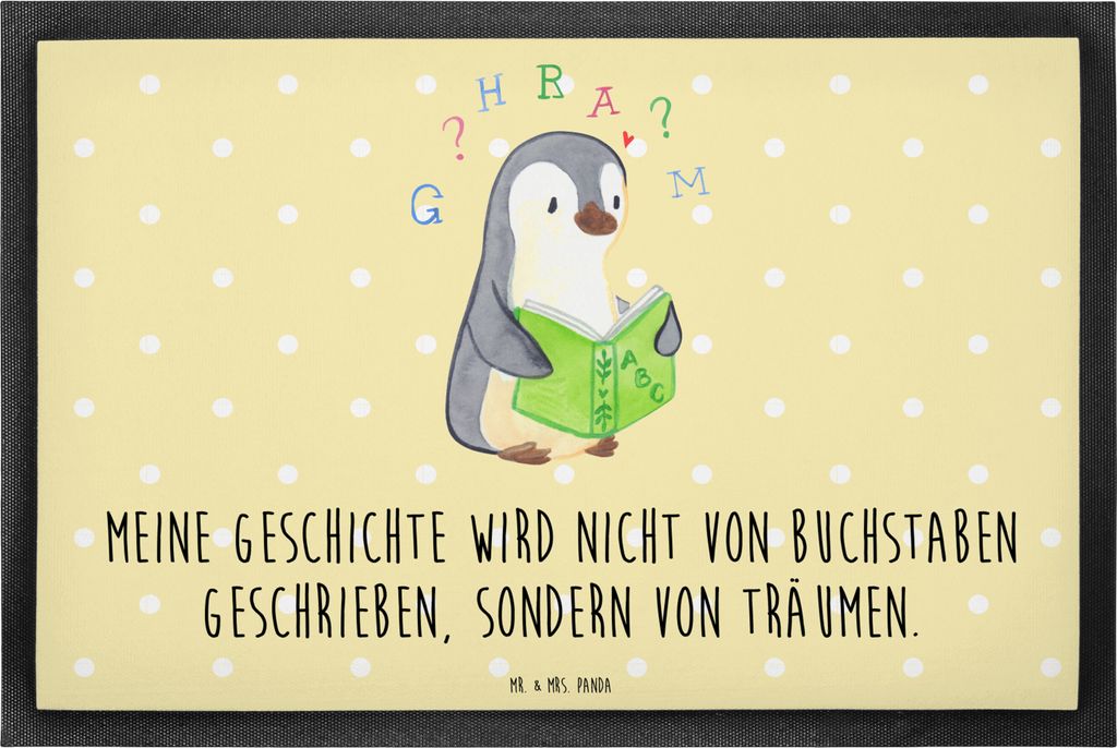 Mr. & Mrs. Panda Schmutzmatte Pinguin Legasthenie 80 x 120 cm - Gelb Pastell - Geschenk, fußmatte, Fussmatte, Bodenvorleger, flurmatte, Lese-Recht...