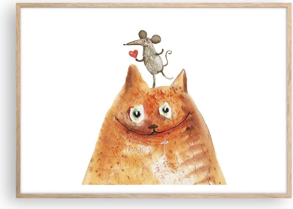 Gerahmtes Poster - Rahmen in heller Eiche - Katze Maus Kinder - 100x70 cm - Wand Bild - Wanddeko - Wandbilder - Wandposter - Bilderrahmen - Bilder ...