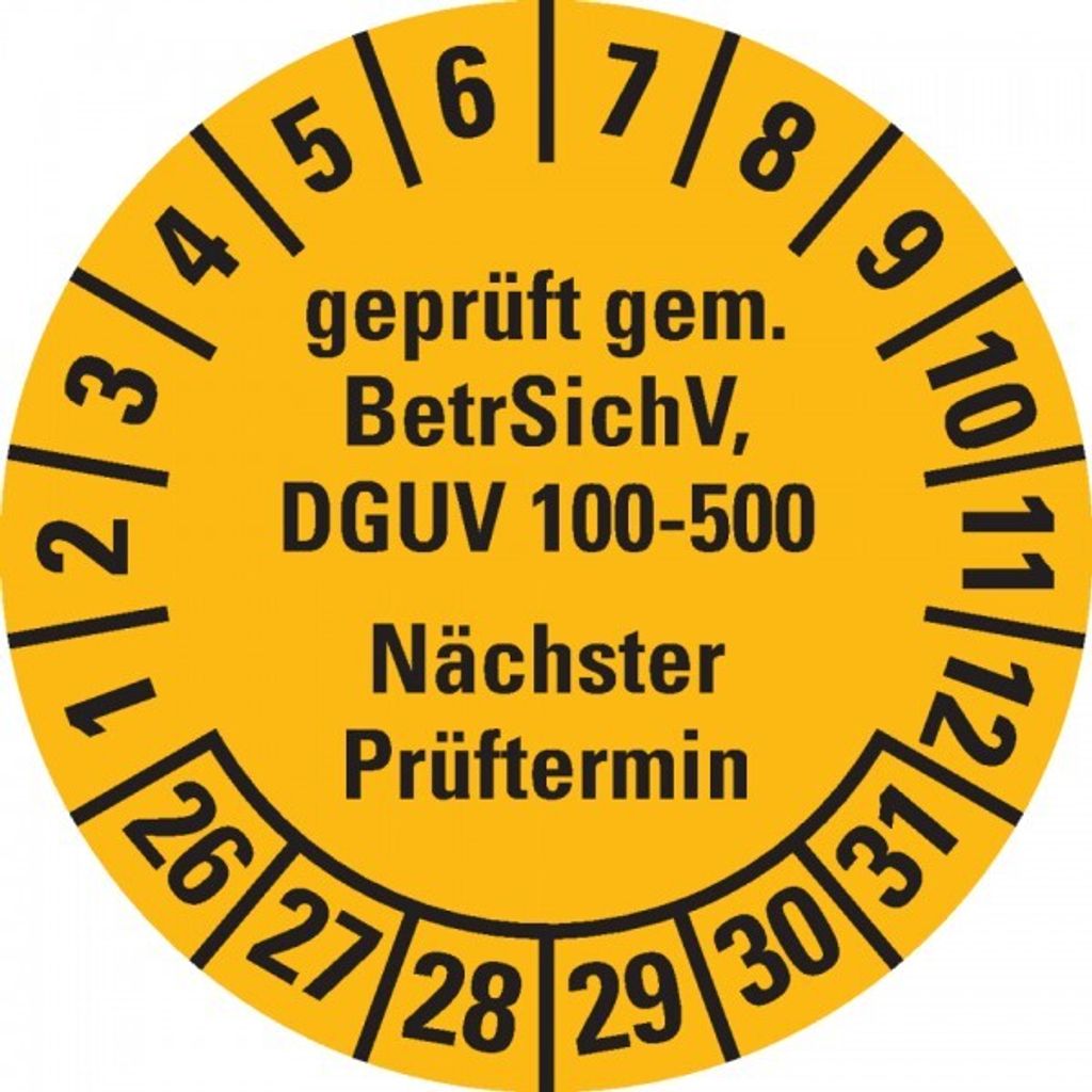 Dreifke Prüfplakette gep. gem. BetrSichV, DGUV 100-500, NP, 26-31, gelb, Dok...