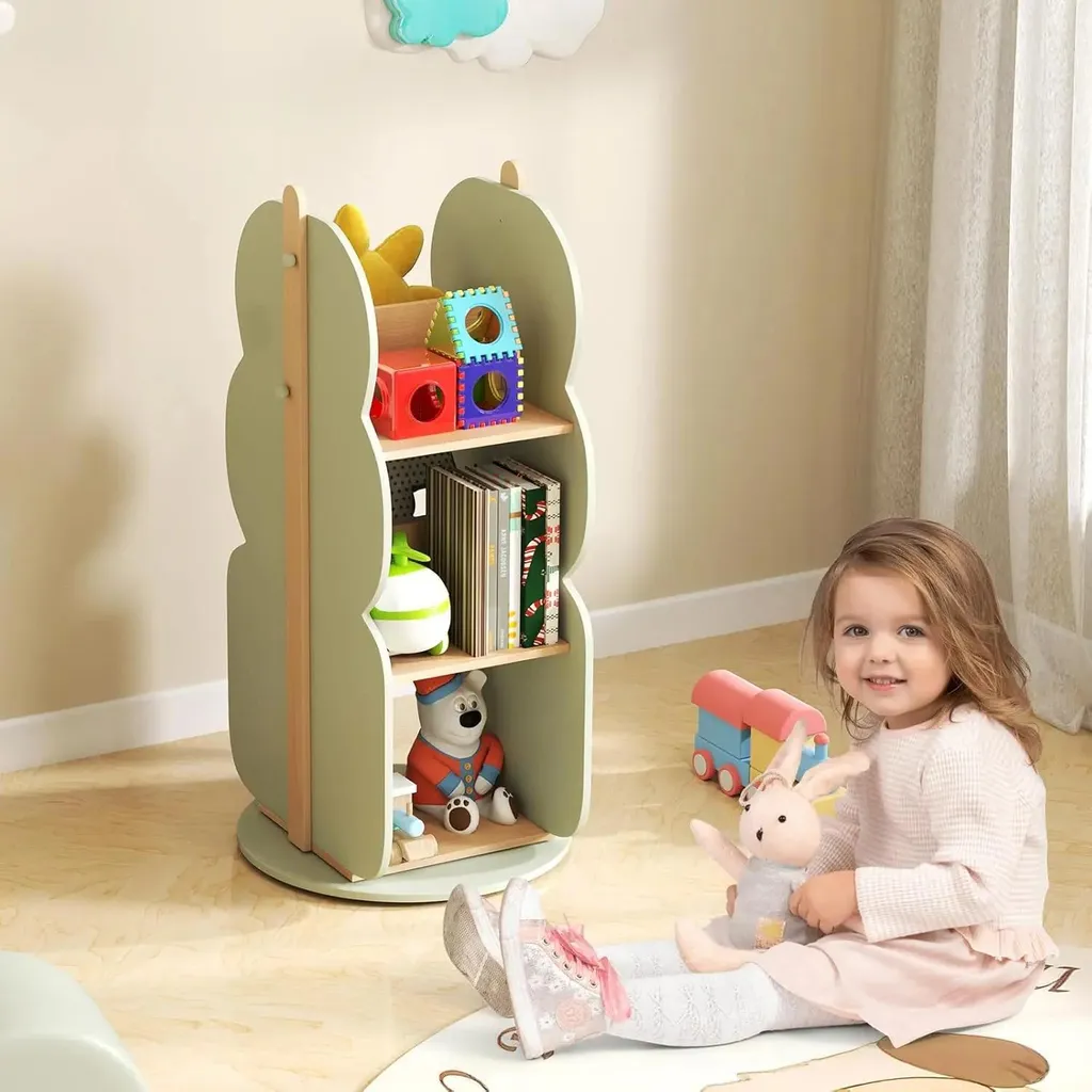 Bibliothèque enfant rotative en bois 3 niveaux verte 5 compartiments