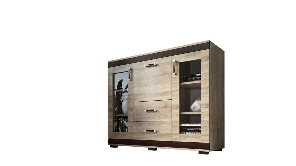 Kombikommode P27, 2 Vitrinentüren, 2 Schubkästen, Barschrank, B130xH106xT43 cm, komplett vormontiert - Trüffel Eiche