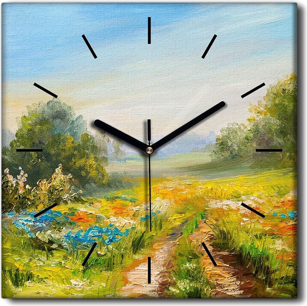Coloray Uhr auf Leinwand 30x30 cm Wand Uhr Dekoration Wohnzimmer Segeltuch schwarze Hände -Wiese blüht Landschaft
