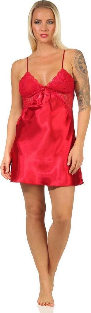 Damen Negligé Satin Nachtkleid Reizwäsche mit Spitze; Weinrot/S