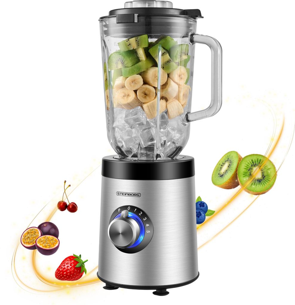 A blender filled with fruit and ice, surrounded by fresh fruit and decorative light effects.
