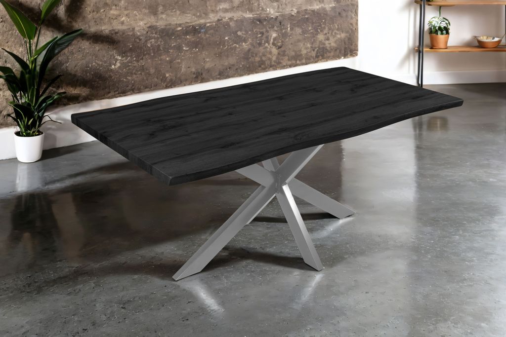 Esstisch 180x90 cm Baumkante Holz Grau-Optik Spider-Gestell Metall silber JOSY