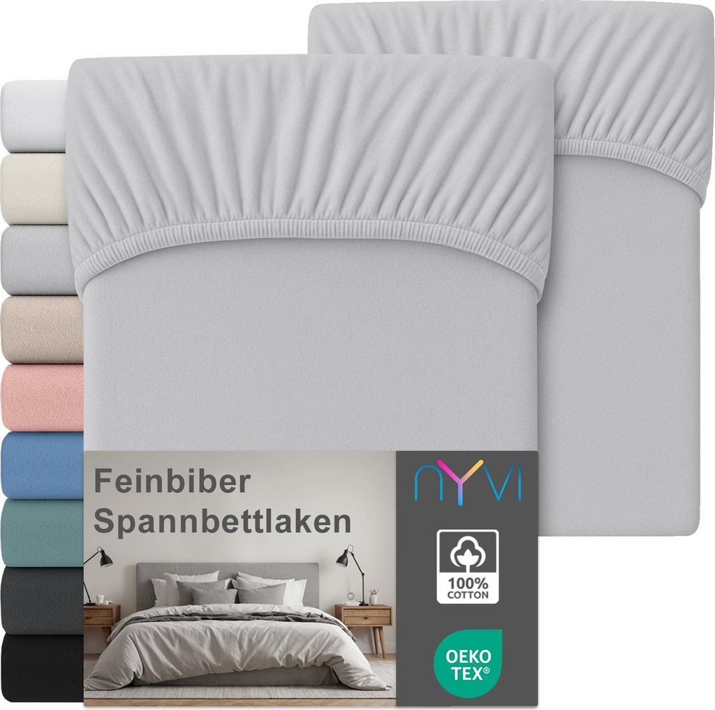Feinbiber Spannbettlaken Deluxe für Matratzen bis 25 cm Steghöhe - Extra Warm & Weich, 100% Baumwolle, Bügelfrei, Vorgekrumpft, Farbe:Silber, Gr...