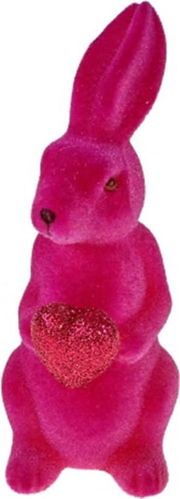 Lustige, stehende Hasen Figur Ostern Frühling PINK beflockt mit Herz Deko bunt