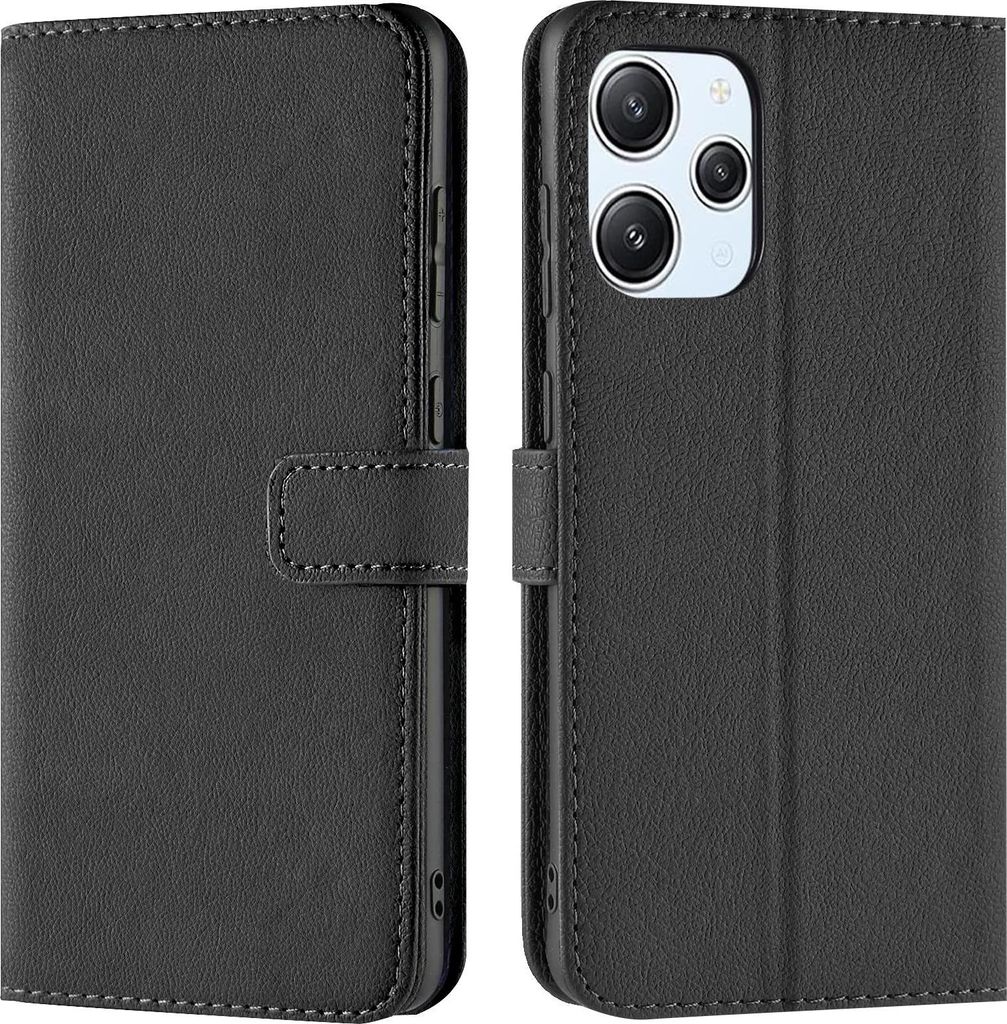A black flip case for a smartphone is shown from two angles.