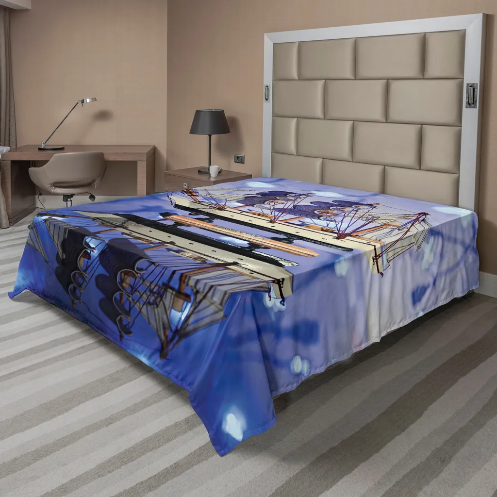 Drap de Lit Durable sans Décoloration Motif Nautique Voilier Bleu Marron