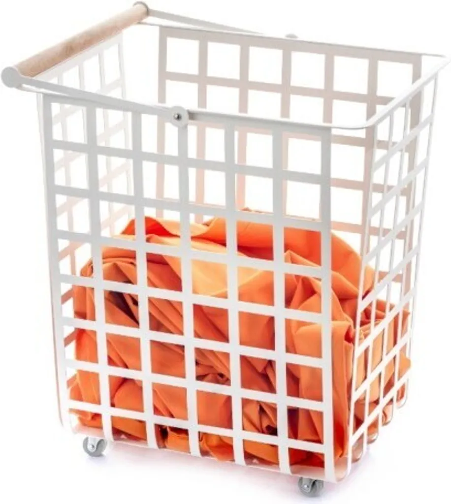 Corbeille à linge mobile avec poignée ergonomique en hêtre véritable