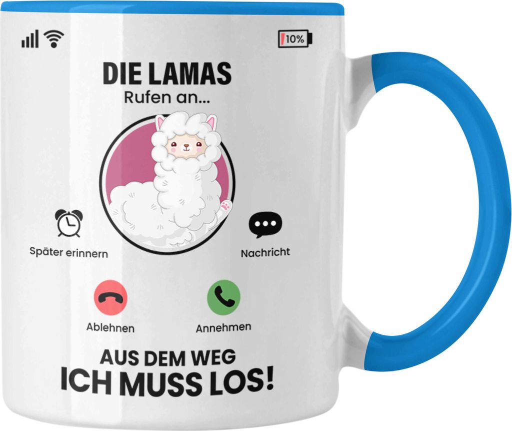 Trendation - Die Lamas Rufen An Tasse Geschenk für Lamas Züchter Besitzer Geschenkidee Lustig Spruch Alpaka Farm (Blau)