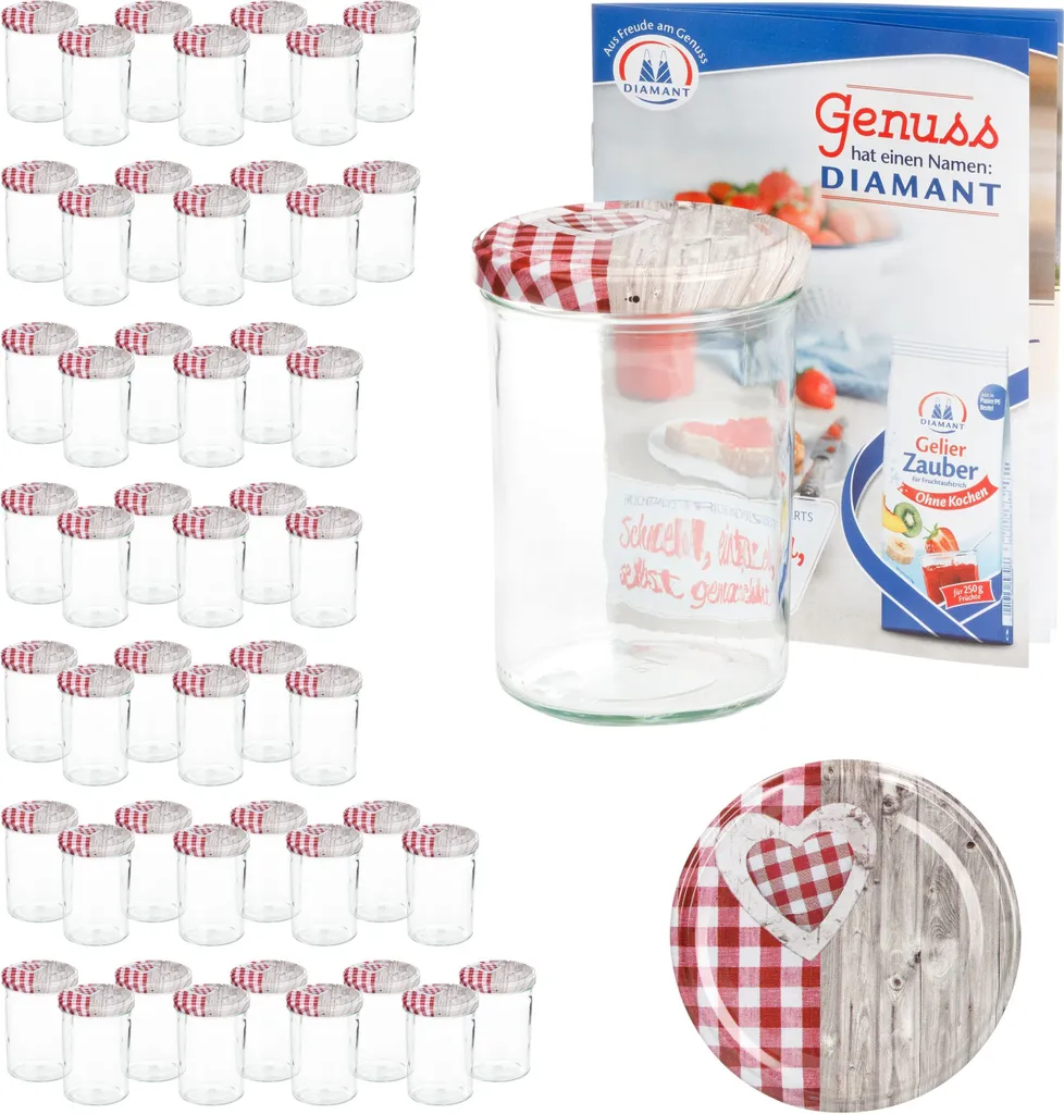 50 Barattoli Vetro 435 ml Diamant Gelierzauber Tappo Cuore Rosso