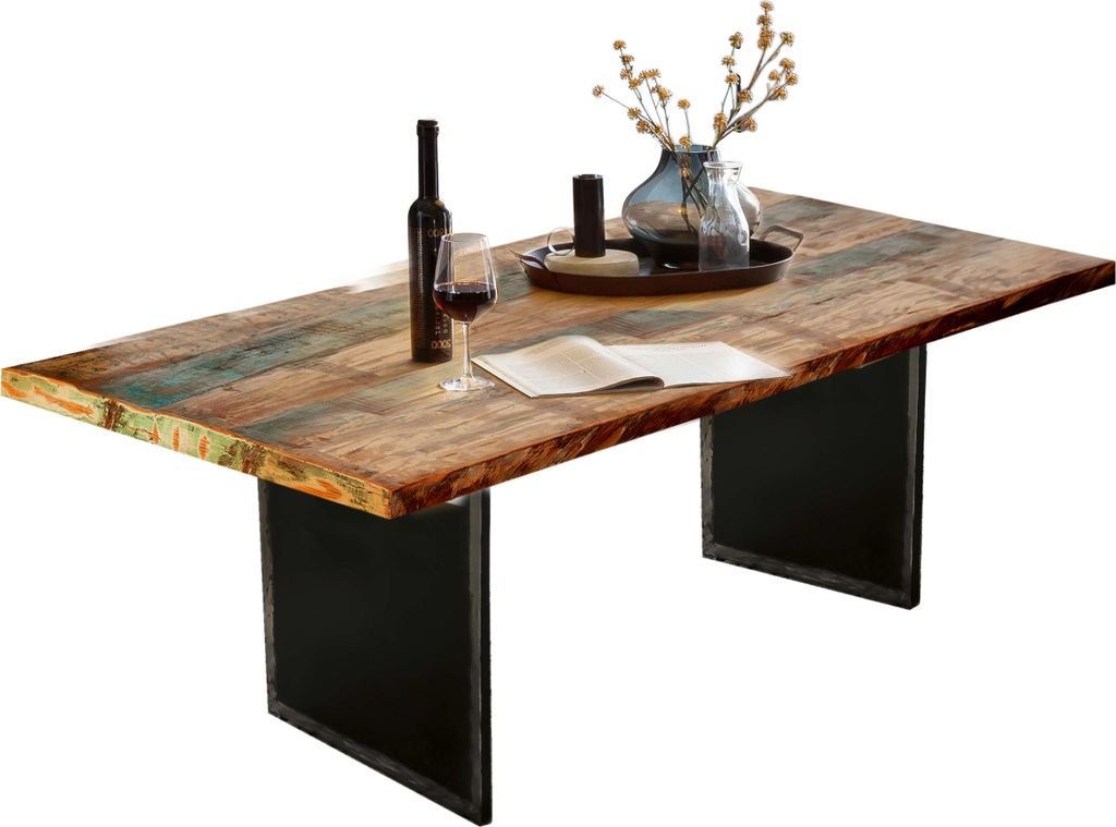 SIT Möbel Esstisch aus recyceltem Altholz | Platte 40 mm bunt | Metallgestell schwarz | B 200 x T 100 x H 76 cm | 16104-11 | Serie TOPS & TABLES