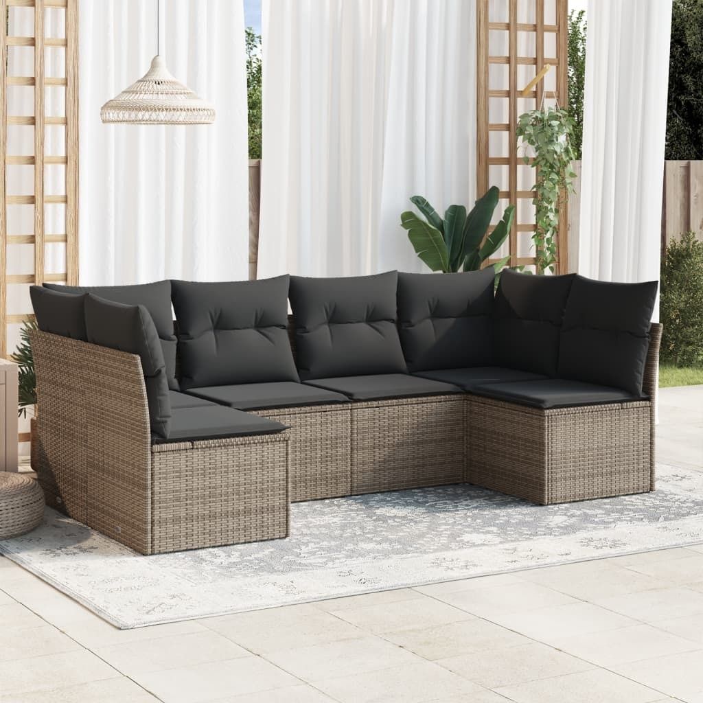 Design 6-tlg. Garten-Sofagarnitur mit Kissen Grau Poly Rattan, Gartenmöbel-Sets 2024 Neu