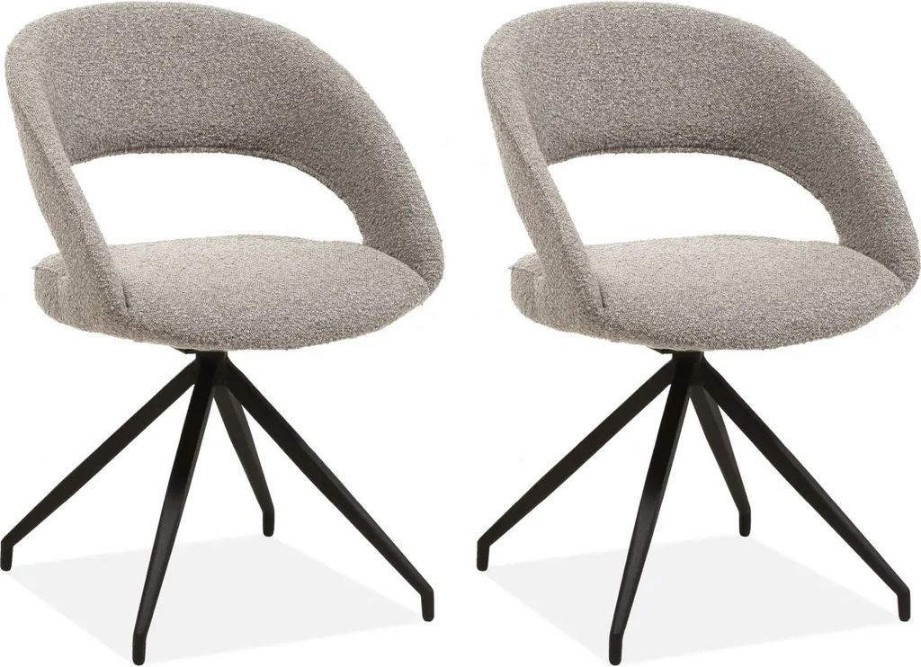 Two gray upholstered swivel chairs with black metal legs on a white background.