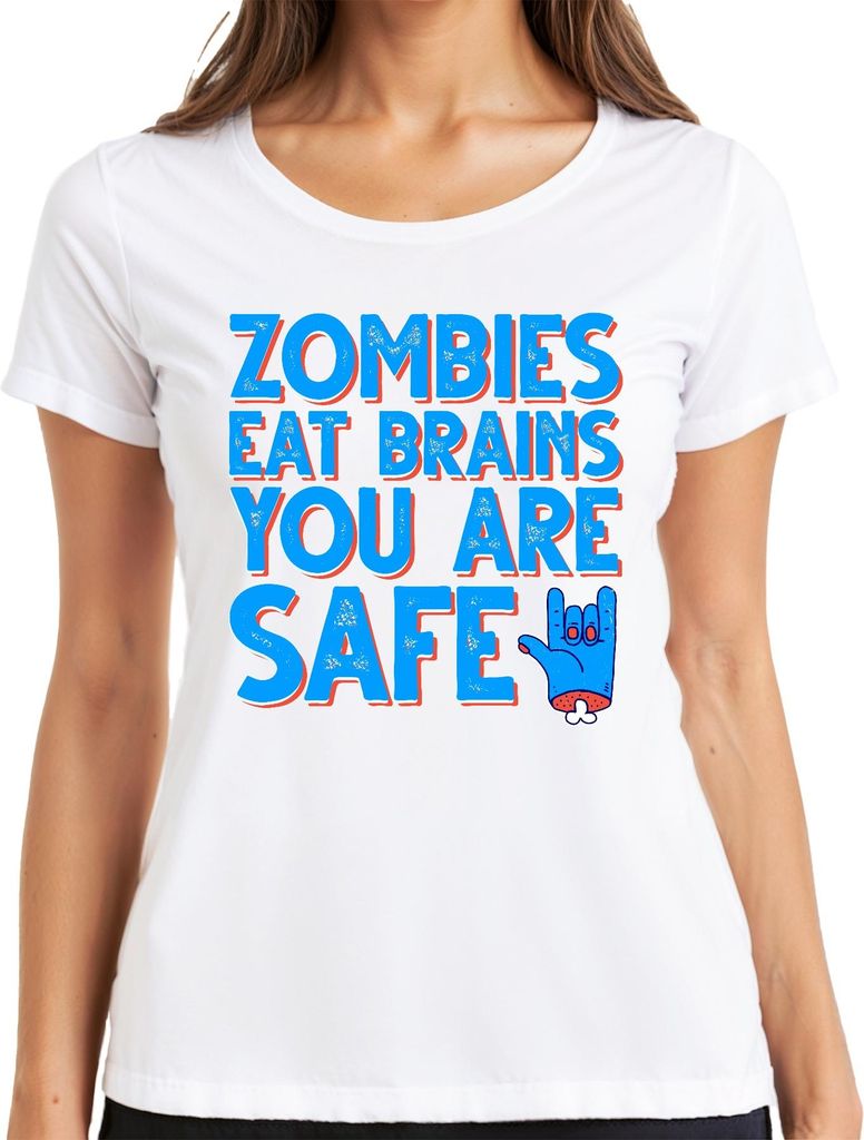 ZOMBIES EAT BRAINS YOU ARE SAFE Halloween Zombie Lustig Horror Damen T-Shirt, Weiß, 3XL