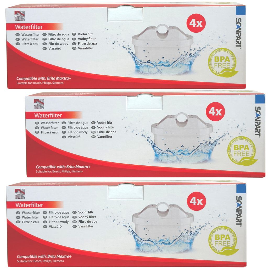 Scanpart Wasserfilter Kartuschen 4er Set – kompatibel mit Brita Maxtra+ – – BPA-frei, 3 Sets / 12 St.