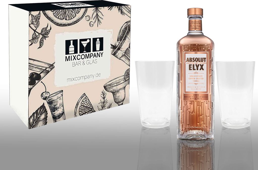 Absolut Set / Geschenkset - Absolut Elyx Vodka 1L (50% Vol) + 2x Absolut Longdrink Gläser geeicht 2/4cl