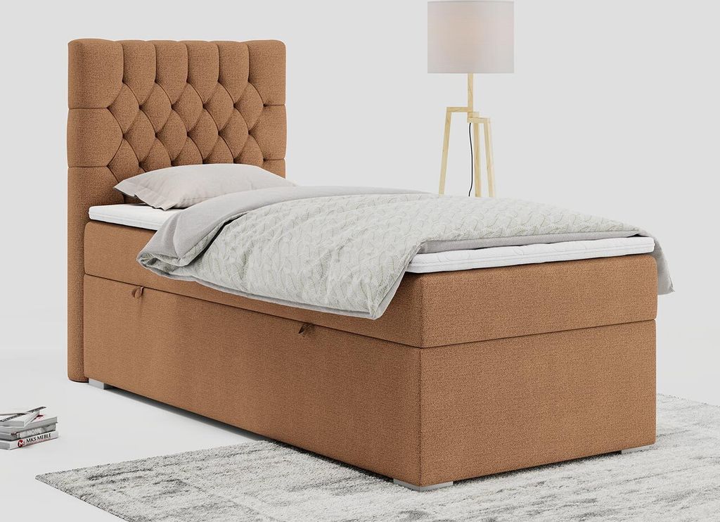 Einzelbett - Boxspringbett 90x200 mit Bettkasten und Matratzentopper - PERA 90 - links - Orange - H3