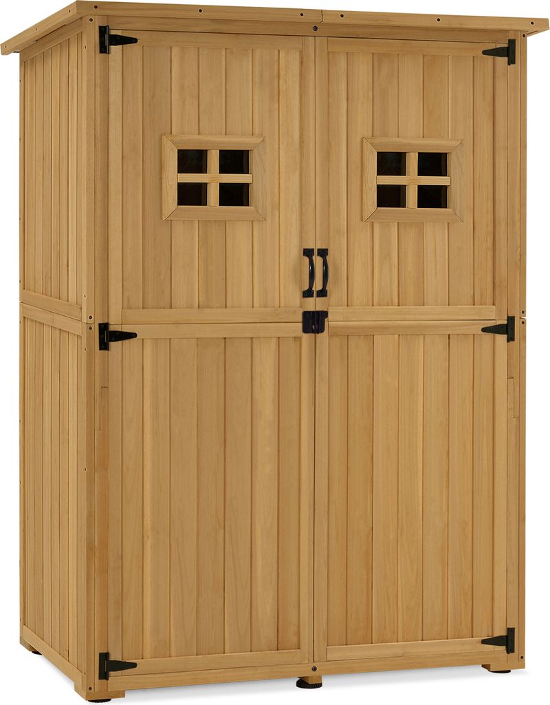 M MCombo Gartenschrank Holz, Gartenhaus Klein Wetterfest, Outdoor Gerätehaus Geräteschuppen, für Außenbereich, 127×59×168 cm, 0912D (Natur)