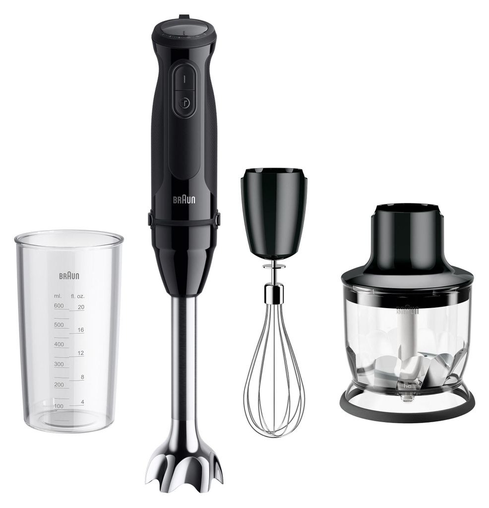 A black and silver hand blender set with accessories, including a beaker, whisk, and chopper attachment, displayed against a white background.
