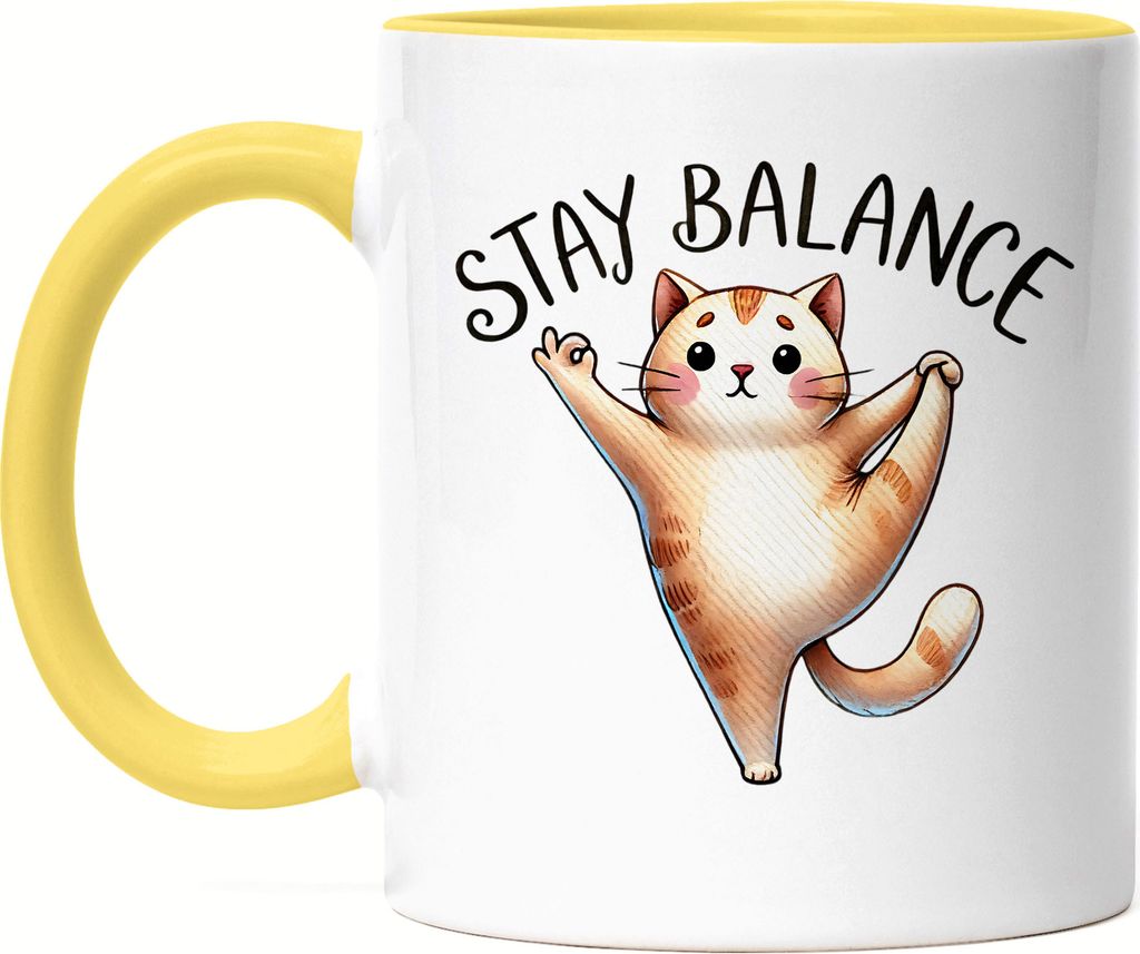 Stay Balance Tasse Gelb Geschenkidee für Katzenliebhaber und Yogafans