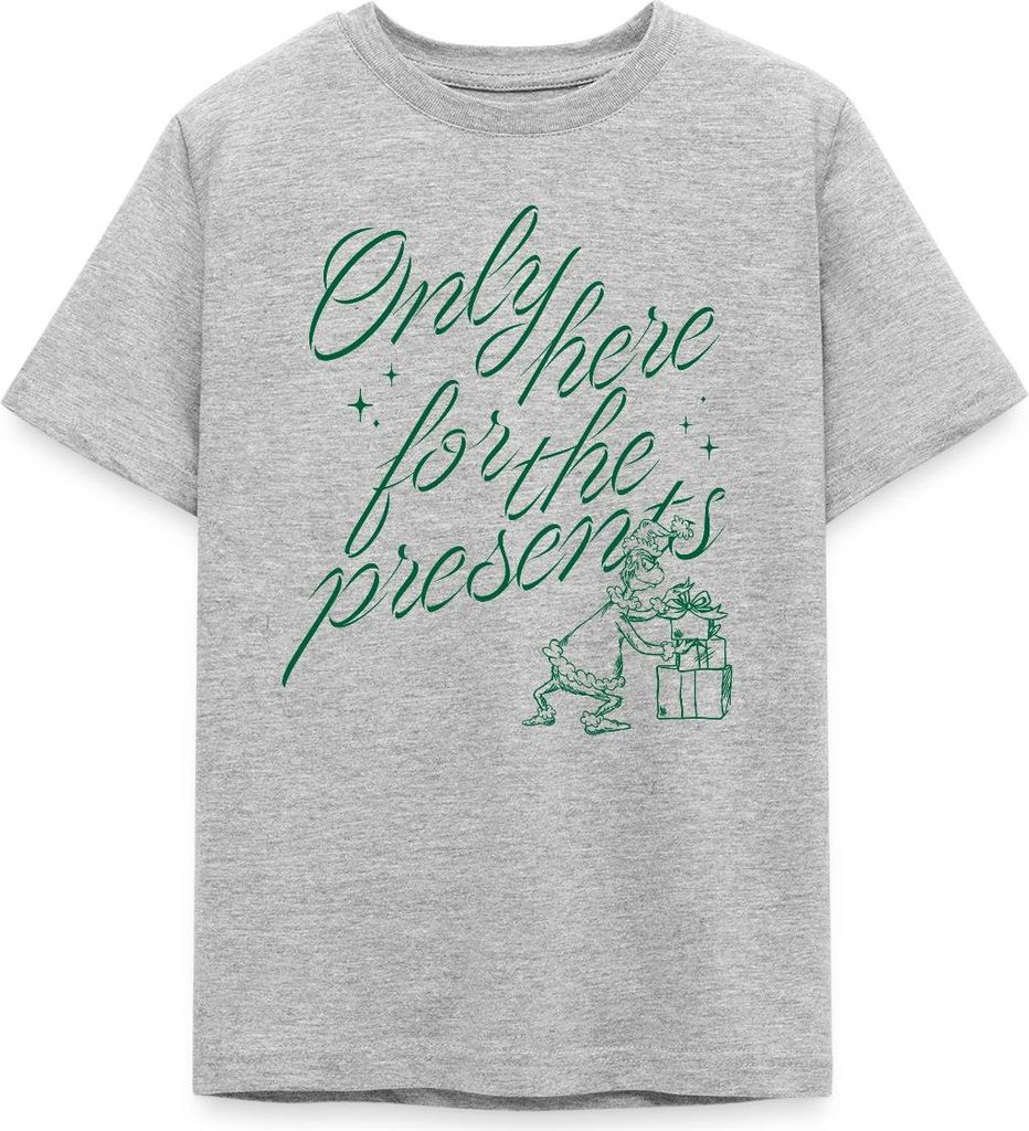 Spreadshirt Der Grinch Spruch Only Here For The Presents Teenager T-Shirt, 134/146 (9-11 Jahre), Grau meliert