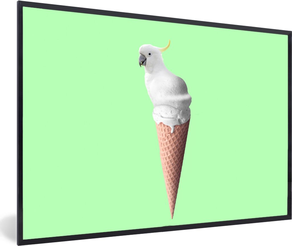 MuchoWow Gerahmtes Poster Papagei - Eistüten - Eiscreme - Weiß - Grün 60x40 cm - Poster mit Schwarzem Bilderrahmen Wandposter Rahmen Foto Bild...