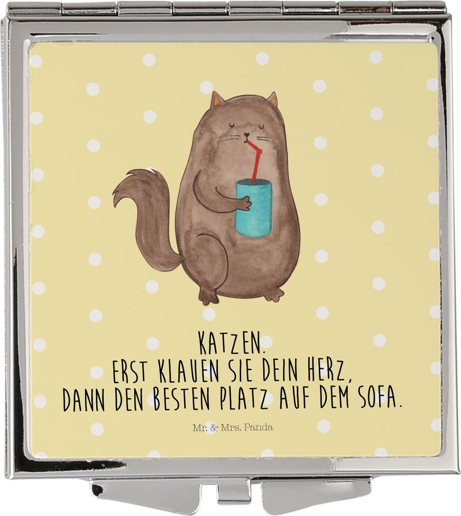 Mr. & Mrs. Panda Schminkspiegel Katze Dose - Gelb Pastell - Geschenk, Handspiegel, Cat, Kosmetikspiegel, Klappbarer Spiegel, Kleiner, Bezaubernd, C...