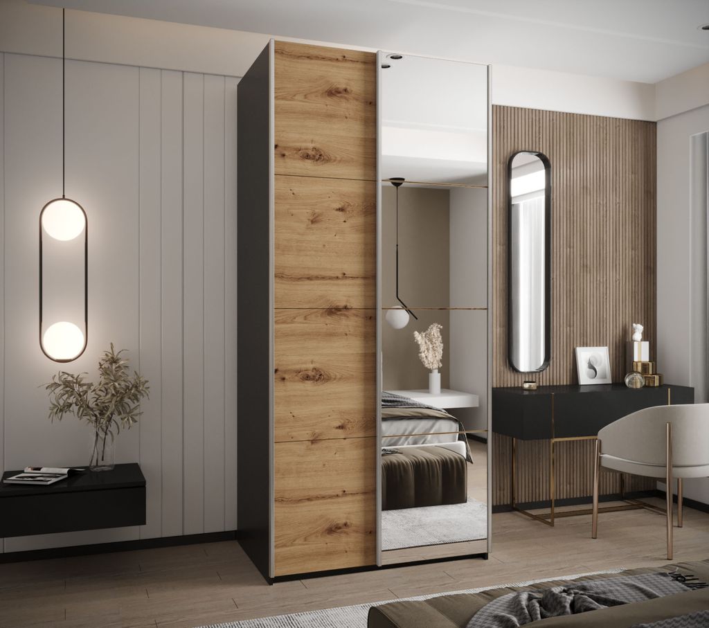 Zweitüriger Kleiderschrank SAMARA 3 – 110 cm, Schwarz/Eiche handwerklich/Silber
