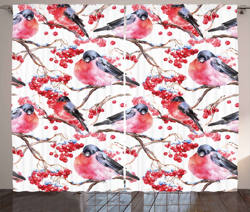 ABAKUHAUS Natur Rustikaler Vorhang, Birds Branches Beeren, Wohnzimmer Universalband Gardinen mit Schlaufen und Haken, 280 x 225 cm, Grau Rot