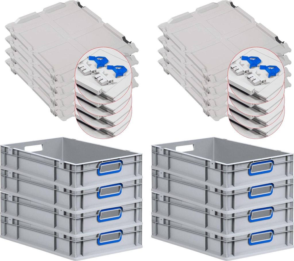 SuperSparSet 8x Eurobox NextGen Color mit Scharnierdeckel und Schiebeschnappverschlüssen | HxBxT 12x40x60cm | 23 Liter | Grau | Griffe blau offen ...