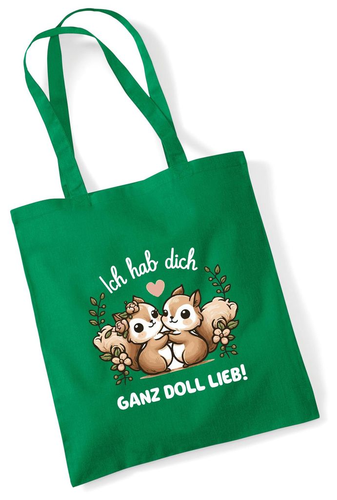 Huuraa Jutebeutel Ich hab dich ganz doll lieb Einchhörnchen 10 Liter Kelly Green Baumwolle Tasche Geschenkidee