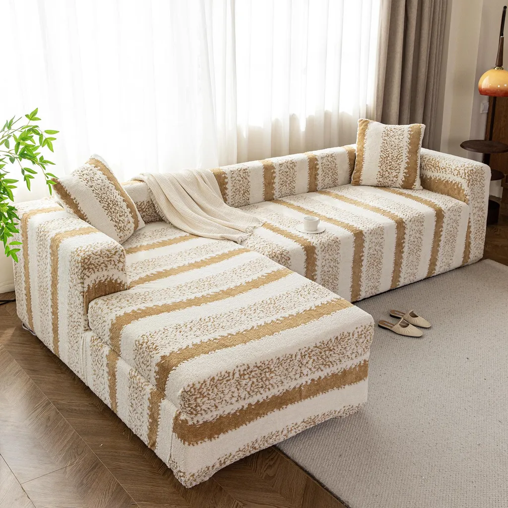 Housse de Canapé d'Angle en Forme de L Velours Extensible Kaki 3+3