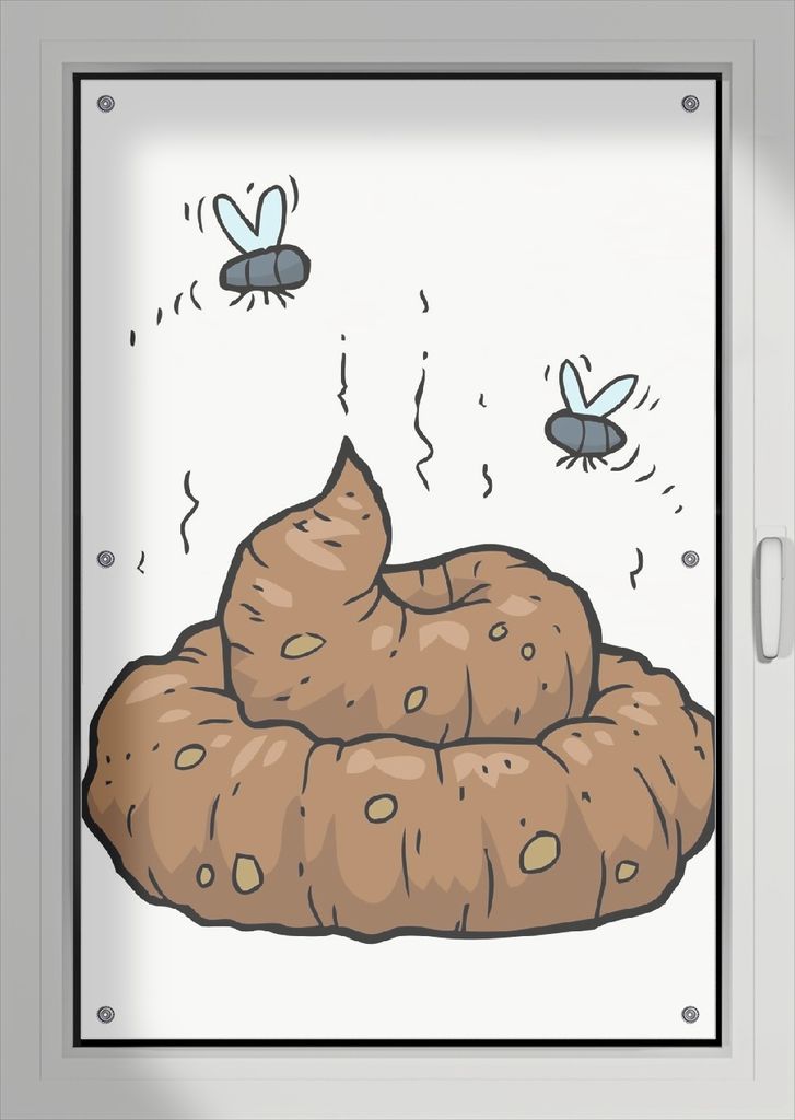Wallario Lichtschutzbild, Dekorativer Sichtschutz Sonnenschutz 76 x 115 cm mit Motiv: Comic Scheißhaufen mit Fliegen - Verdunklung ohne Bohren