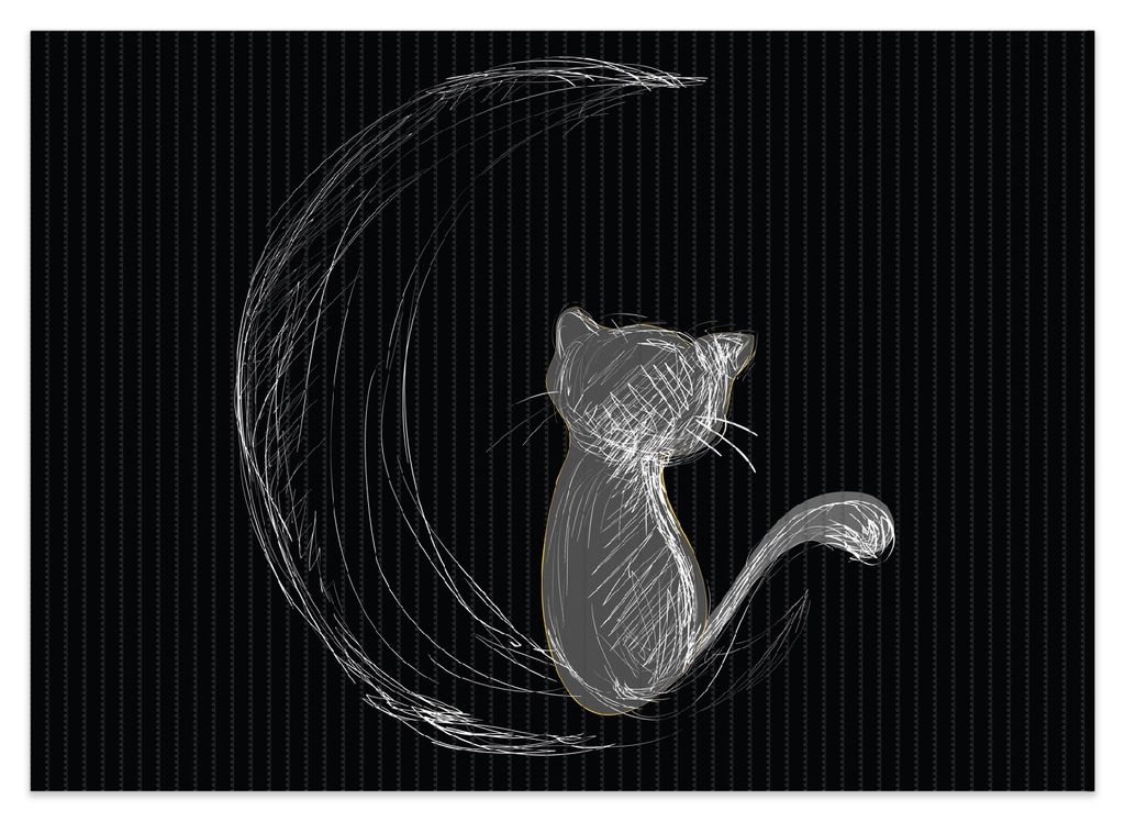 Wallario Duschmatte Antirutschmatte Badmatte Fußmatte Katze sitzt auf dem Mond - illustriert in weiß auf schwarz, Größe ca. 70 x 50 cm