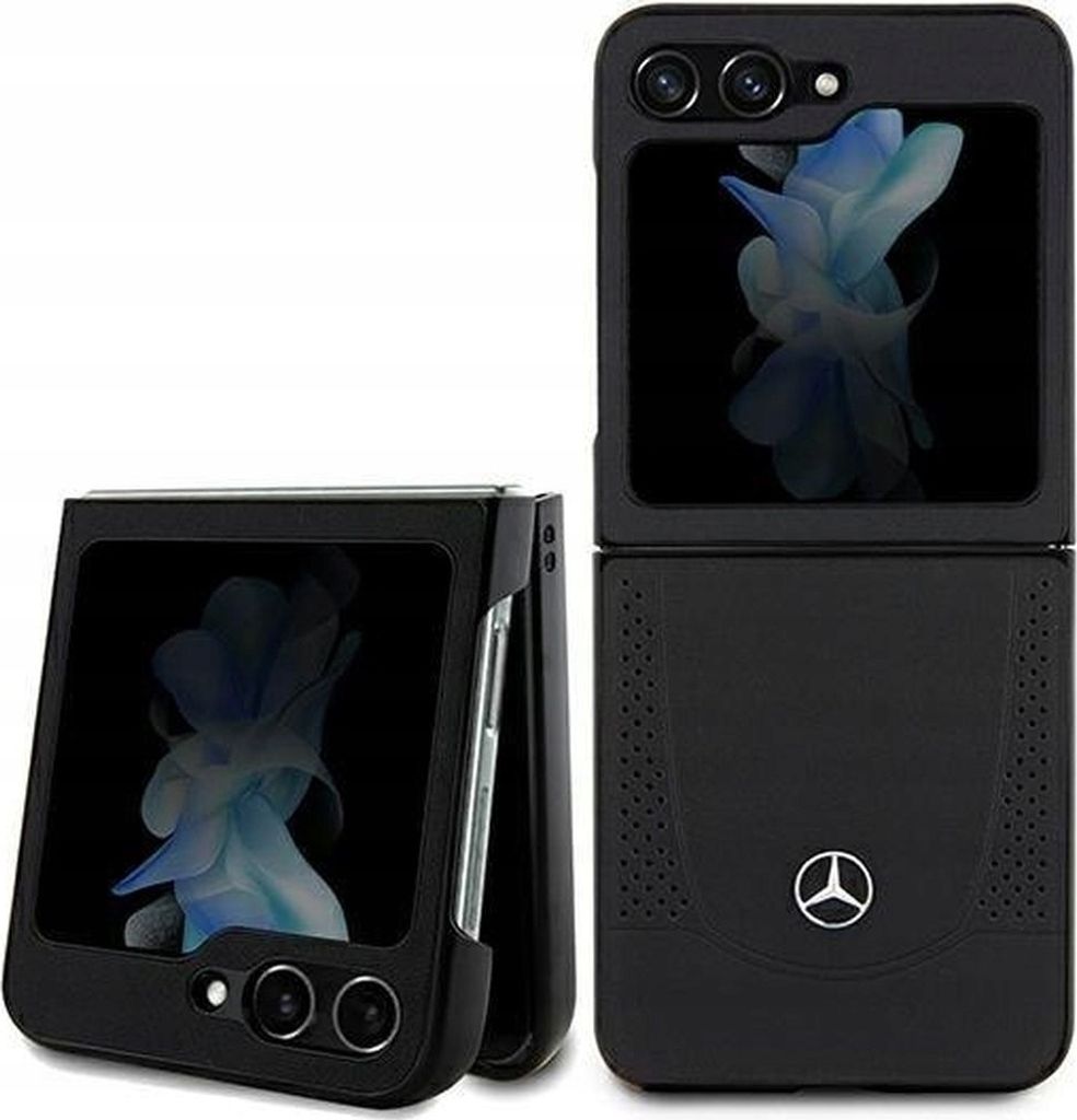 A black flip phone case with the Mercedes-Benz logo is shown, with the phone inside the case displaying a blue abstract image.