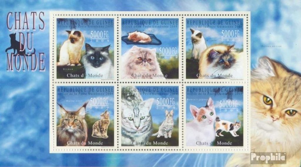 Briefmarken Guinea 2009 Mi 7177-7182 Kleinbogen (kompl. Ausgabe) postfrisch Katzen der Welt