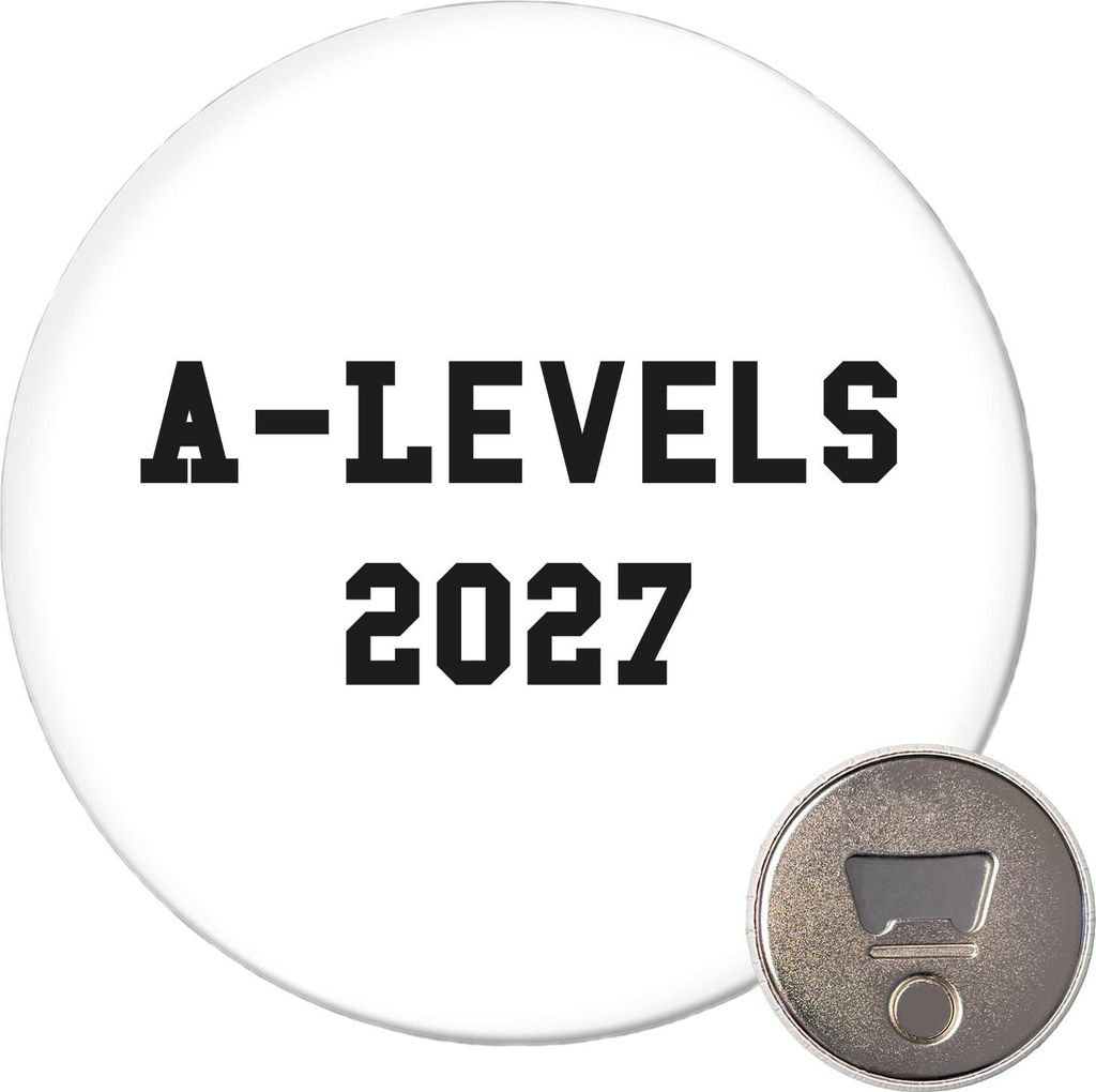 Huuraa Magnet A-Levels 2027 Abschluss Großbritannien 59mm Kühlschrankmagnet rund Flaschenöffner Geschenkidee
