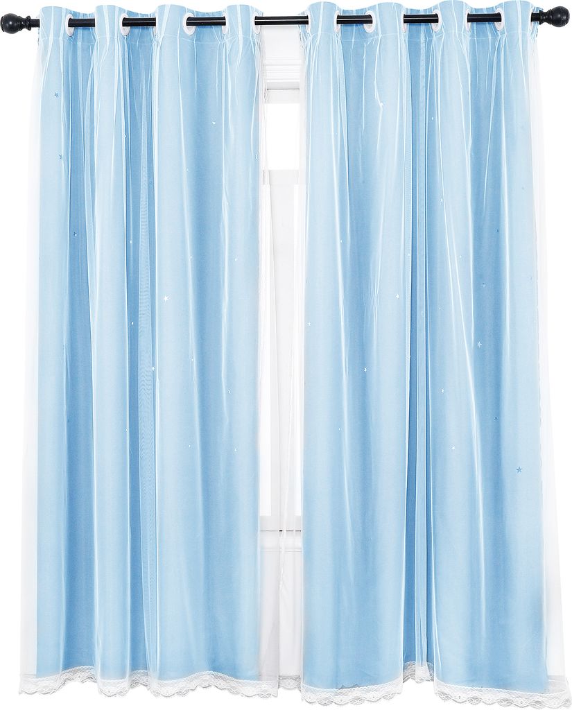 Gardine Aushöhlen Stern Vorhang Doppellagiger Voile Blickdicht Ösenschal für Schlafzimmer Kinderzimmer, Blau, 130x243cm