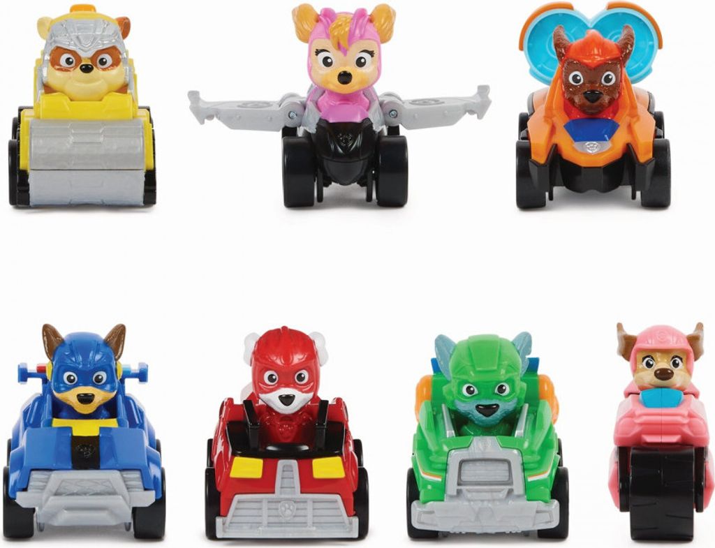 A collection of Paw Patrol Pup Squad Racers toys.