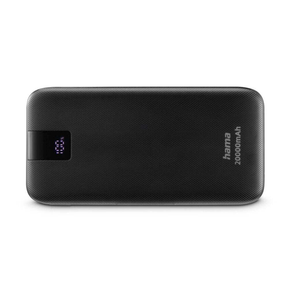 A black power bank is shown against a white background.