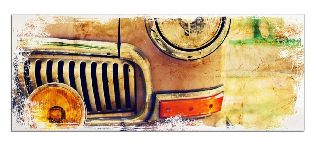 Wallario Kunstdrucke Wandbilder Holz in : Brillante Farben, Größe 50 x 125 cm Motiv Antiker Oldtimer in Sepiafarben - Frontansicht