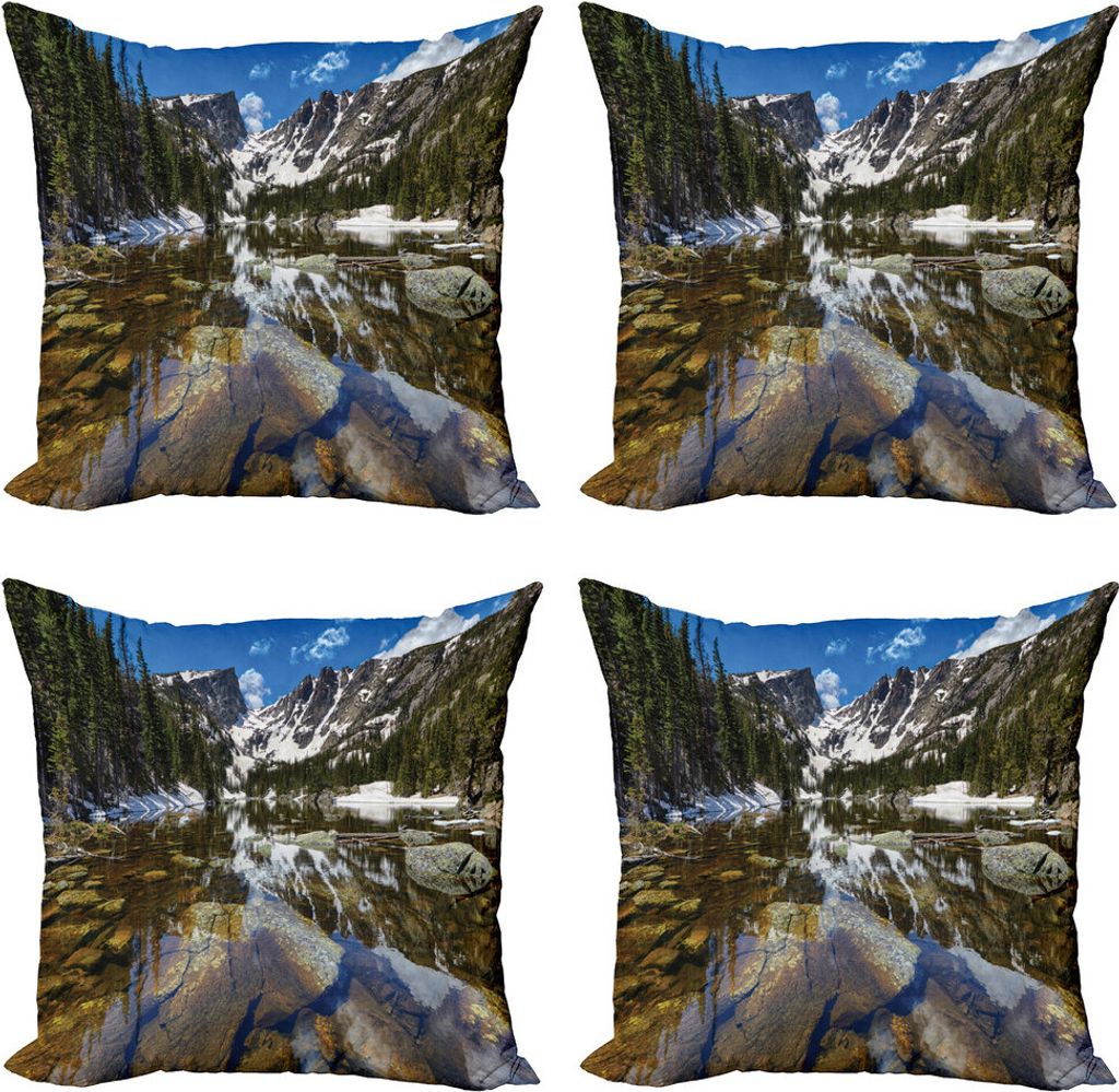 ABAKUHAUS Landschaft Kissenbezug Set (4 Stück), Mountain Lake Park West, Moderner Doppelseitiger Digitaldruck, 45 cm x 45 cm, Grün Braun Blau