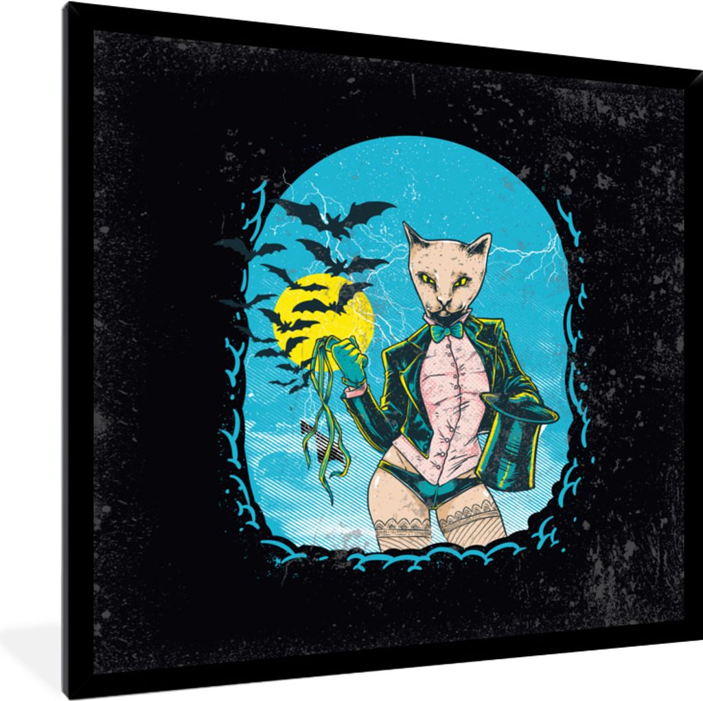 MuchoWow MuchoWow Gerahmtes Poster Vintage - Katze - Hut 40x40 cm - Poster mit zchwarzem Bilderrahmen - Mit Rahmen - Wanddekoration Schlafzimmer