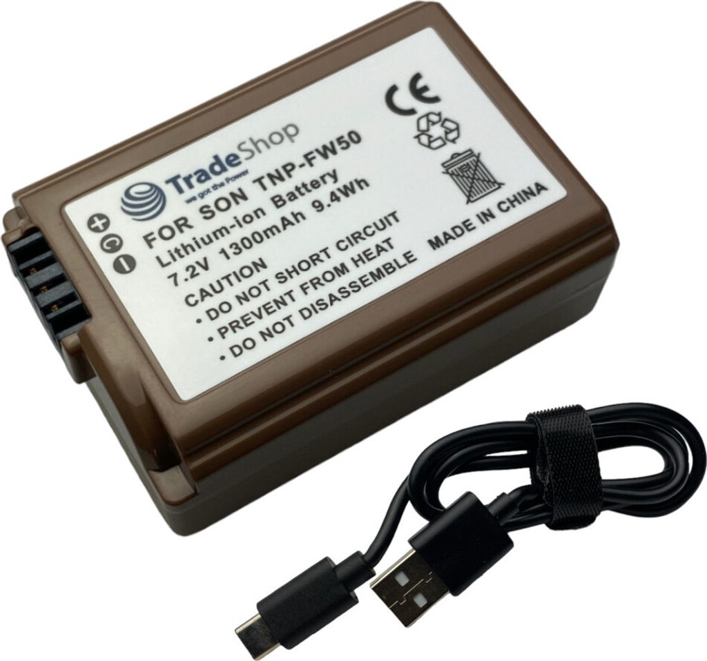 Trade-Shop Li-Ion Kamera-Akku 7,2V 1300mAh inkl. Typ-C Ladekabel kompatibel mit Sony Alpha SLT-A35 SLT-A37 SLT-A55 SLT-A55V 6400M 6400L 6500 ZV-E10