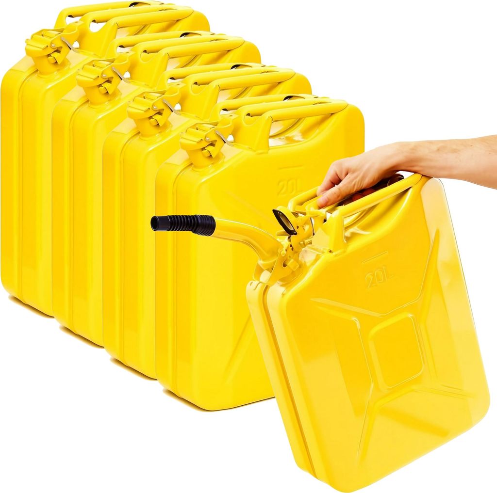 BW Kraftstoffkanister Metall Benzinkanister 5x 20 Liter mit Ausgießer - Gelb RAL 1018 - UN-Zulassung - Hergestellt in Europa