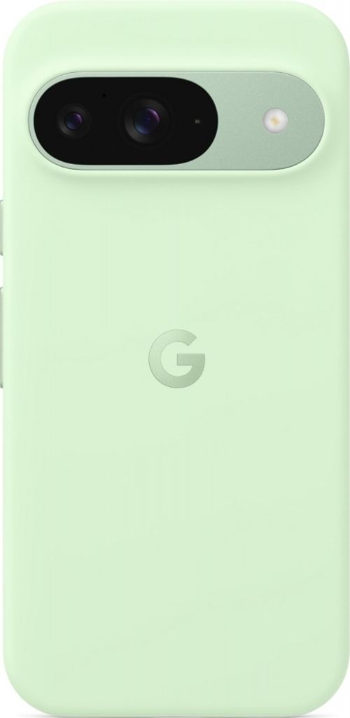 The back of a light green Google Pixel phone case with the Google 'G' logo embossed in the center.